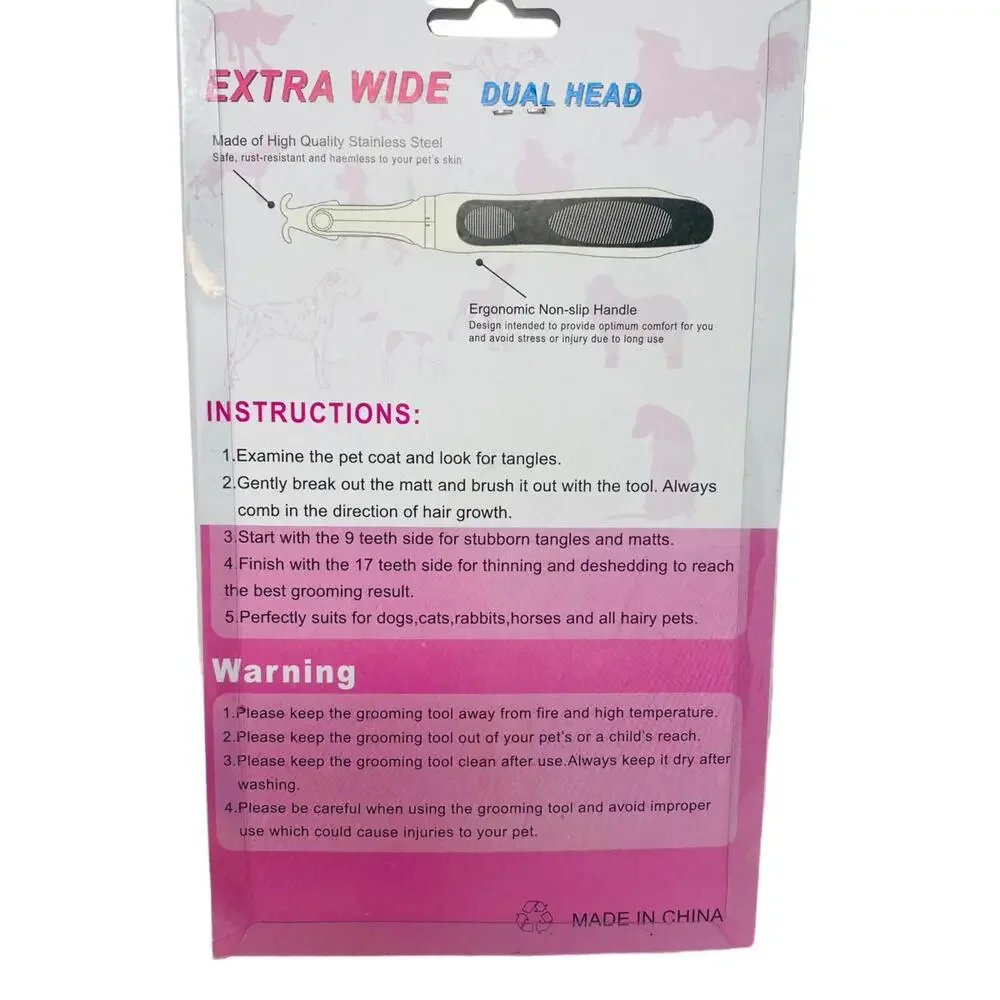 Dog Dematting Comb Professional Grooming Tool Extra Wide Dual Head Rounded Teeth